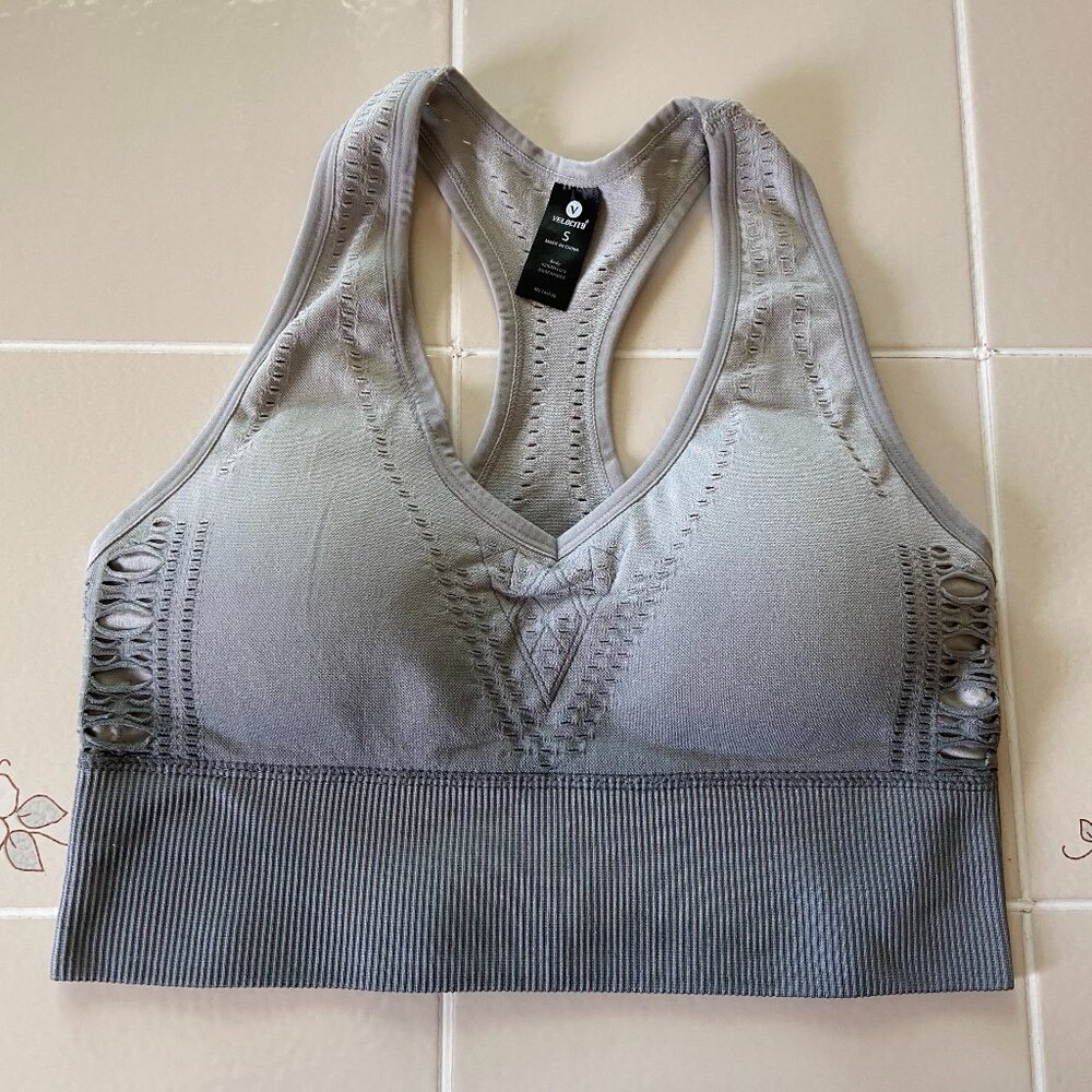 NWOT Velocity padded sports bra. Firm support, size Small. Grey ombre color.